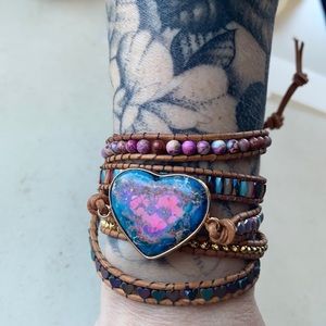 Leather beaded wrap bracelet with heart shaped crystal